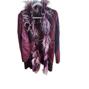 Hugging Kisses Rust Color Mixed Media Long Cardigan Women's Large Feather Funky